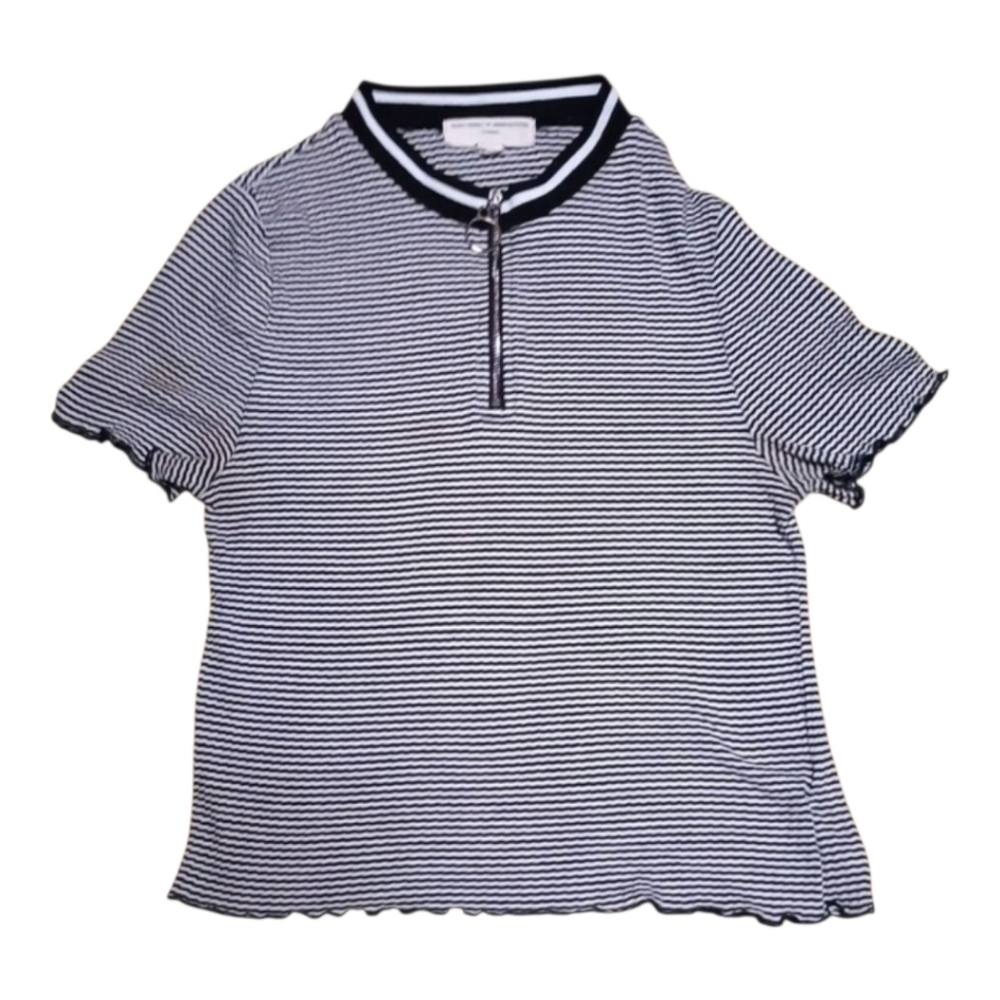 Top Cropped Pullover Black White Fitted Ribbed Lettuce Hem Women's Shirt Urban